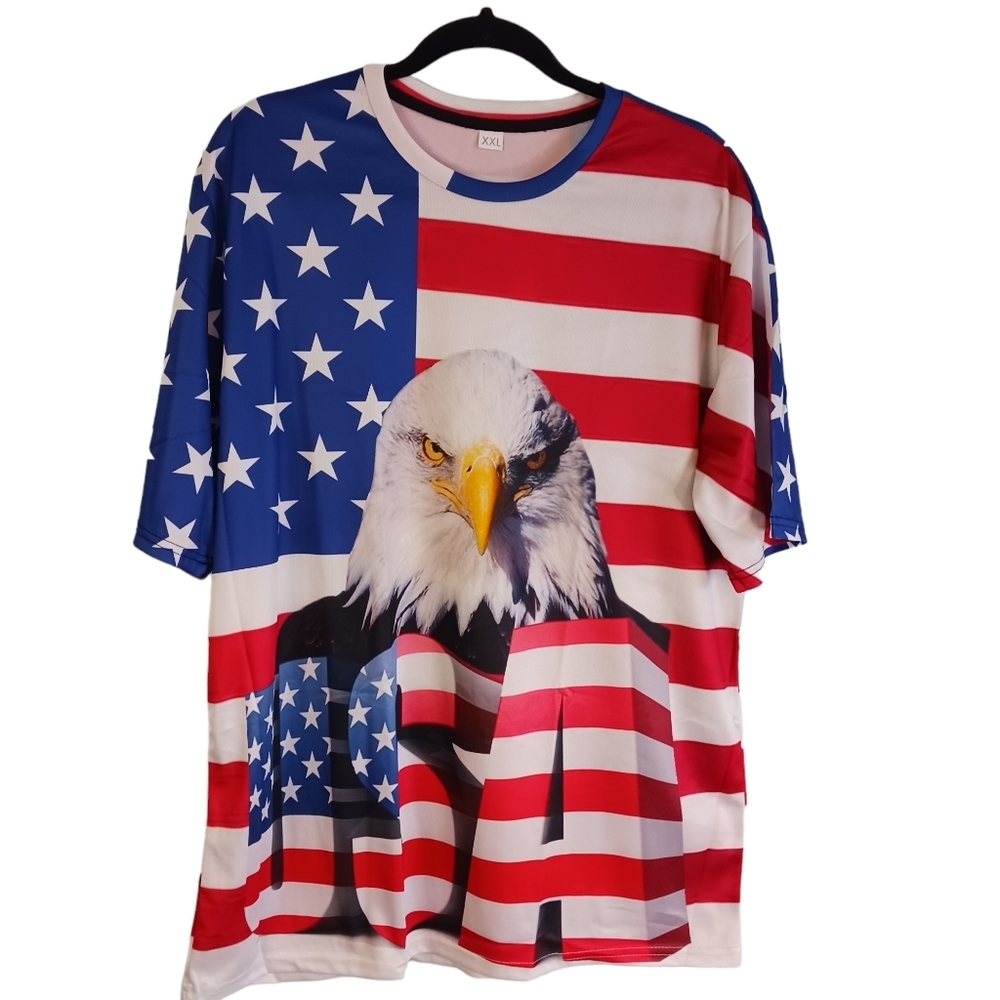 USA Patriotic Mens Shirt Eagle Flag Size Large World Cup Americana Red Blue